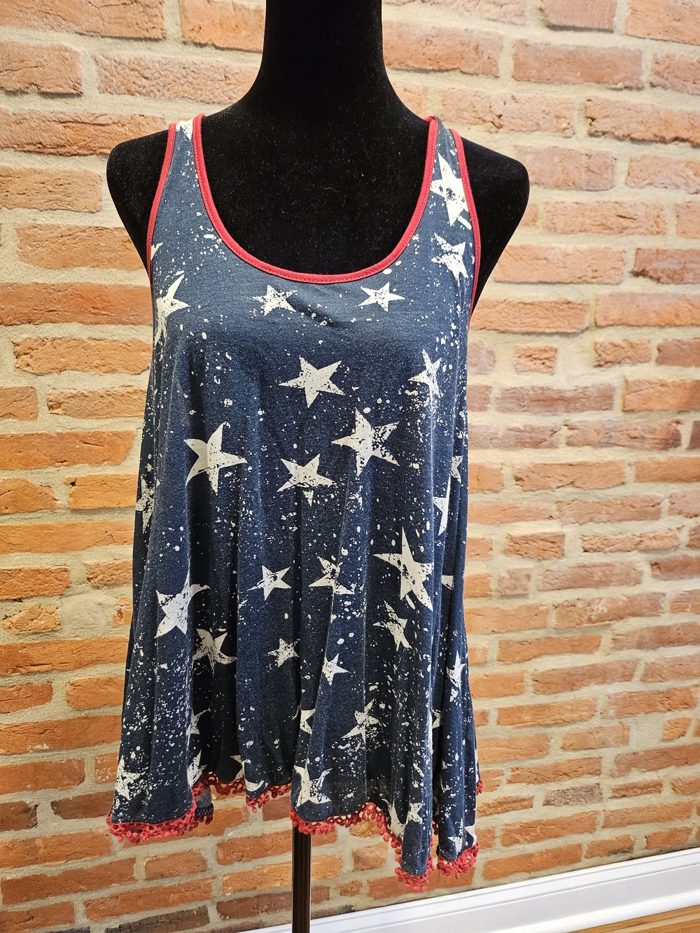 Navy Star Print Tank with Red Trim